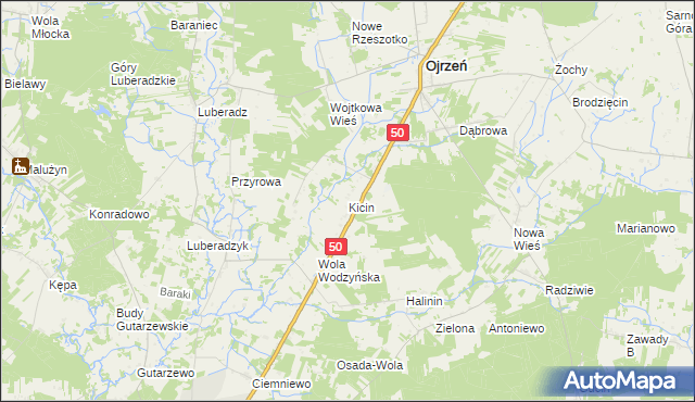 mapa Kicin gmina Ojrzeń, Kicin gmina Ojrzeń na mapie Targeo