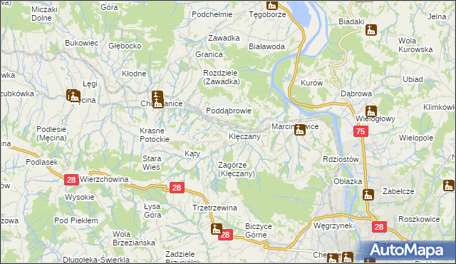 mapa Klęczany gmina Chełmiec, Klęczany gmina Chełmiec na mapie Targeo