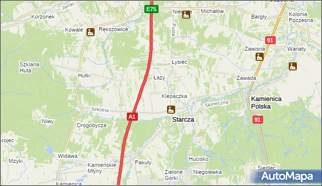 mapa Klepaczka gmina Starcza, Klepaczka gmina Starcza na mapie Targeo