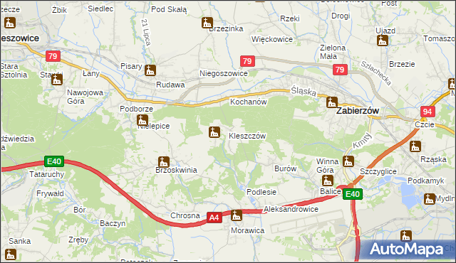mapa Kleszczów gmina Zabierzów, Kleszczów gmina Zabierzów na mapie Targeo