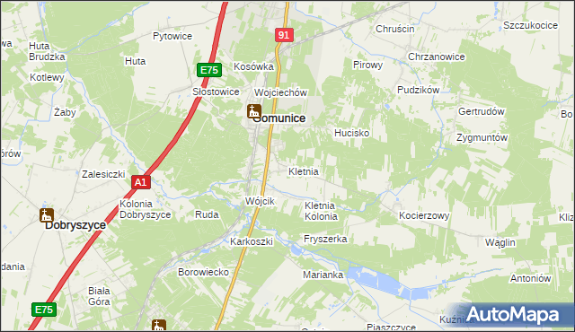 mapa Kletnia gmina Gomunice, Kletnia gmina Gomunice na mapie Targeo