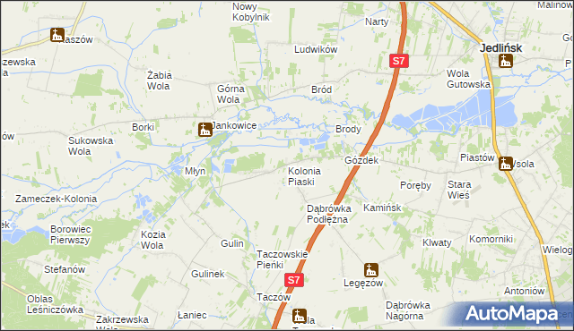 mapa Kolonia Piaski gmina Zakrzew, Kolonia Piaski gmina Zakrzew na mapie Targeo