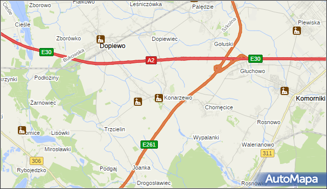 mapa Konarzewo gmina Dopiewo, Konarzewo gmina Dopiewo na mapie Targeo