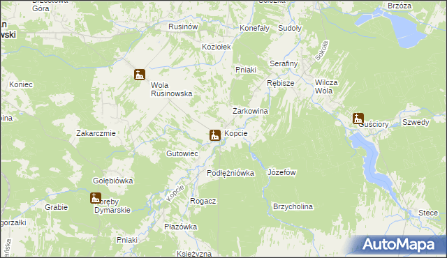 mapa Kopcie gmina Dzikowiec, Kopcie gmina Dzikowiec na mapie Targeo