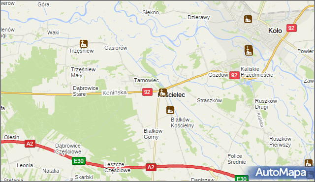 mapa Kościelec powiat kolski, Kościelec powiat kolski na mapie Targeo