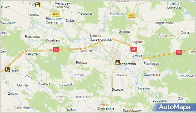 mapa Kościuszki gmina Szczerców, Kościuszki gmina Szczerców na mapie Targeo