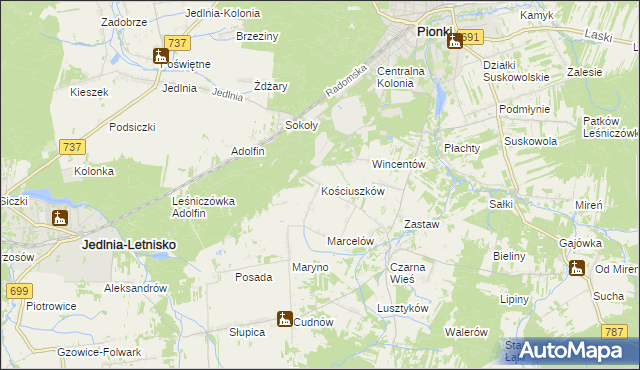 mapa Kościuszków gmina Pionki, Kościuszków gmina Pionki na mapie Targeo