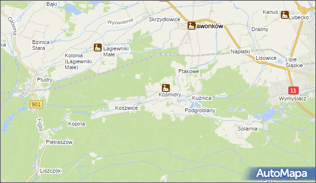 mapa Kośmidry gmina Pawonków, Kośmidry gmina Pawonków na mapie Targeo