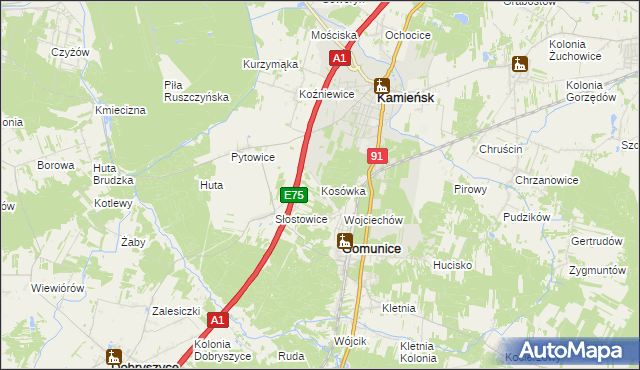 mapa Kosówka gmina Gomunice, Kosówka gmina Gomunice na mapie Targeo