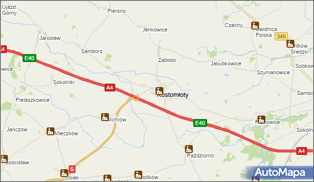 mapa Kostomłoty powiat średzki, Kostomłoty powiat średzki na mapie Targeo