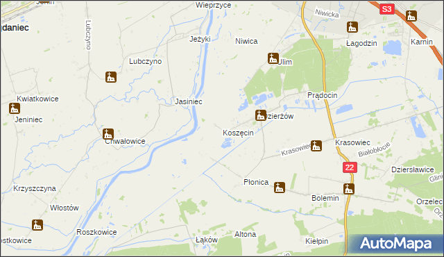 mapa Koszęcin gmina Deszczno, Koszęcin gmina Deszczno na mapie Targeo