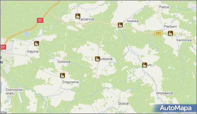 mapa Kotowice gmina Nowogród Bobrzański, Kotowice gmina Nowogród Bobrzański na mapie Targeo
