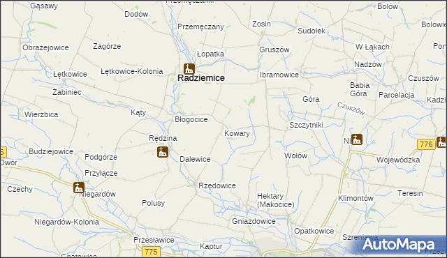 mapa Kowary gmina Radziemice, Kowary gmina Radziemice na mapie Targeo