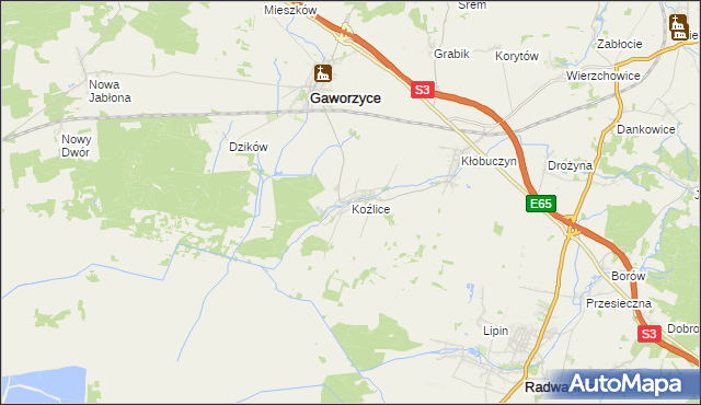 mapa Koźlice gmina Gaworzyce, Koźlice gmina Gaworzyce na mapie Targeo