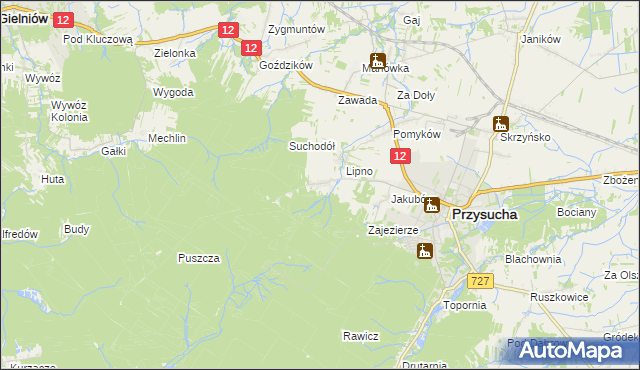 mapa Kozłowiec gmina Przysucha, Kozłowiec gmina Przysucha na mapie Targeo