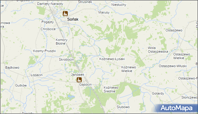 mapa Koźniewo-Łysaki, Koźniewo-Łysaki na mapie Targeo