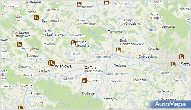 mapa Kożuchów gmina Wiśniowa, Kożuchów gmina Wiśniowa na mapie Targeo