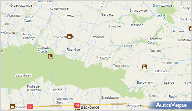 mapa Kraszków gmina Waśniów, Kraszków gmina Waśniów na mapie Targeo