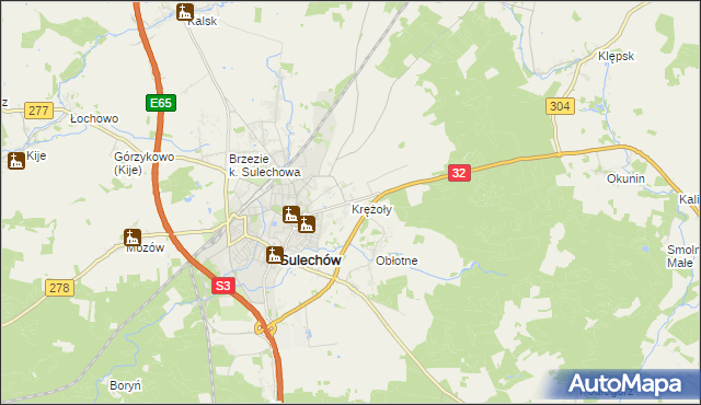 mapa Krężoły gmina Sulechów, Krężoły gmina Sulechów na mapie Targeo