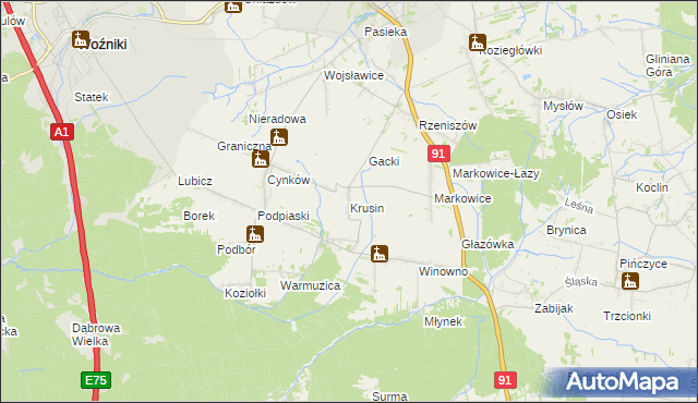 mapa Krusin gmina Koziegłowy, Krusin gmina Koziegłowy na mapie Targeo