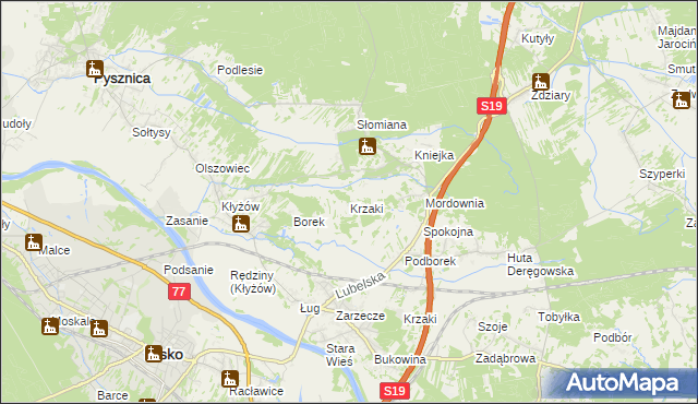 mapa Krzaki gmina Pysznica, Krzaki gmina Pysznica na mapie Targeo