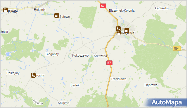 mapa Krzewina gmina Bisztynek, Krzewina gmina Bisztynek na mapie Targeo