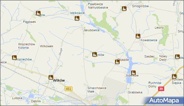 mapa Krzyków gmina Wilków, Krzyków gmina Wilków na mapie Targeo