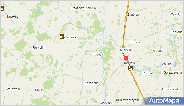 mapa Krzywa gmina Jasionówka, Krzywa gmina Jasionówka na mapie Targeo