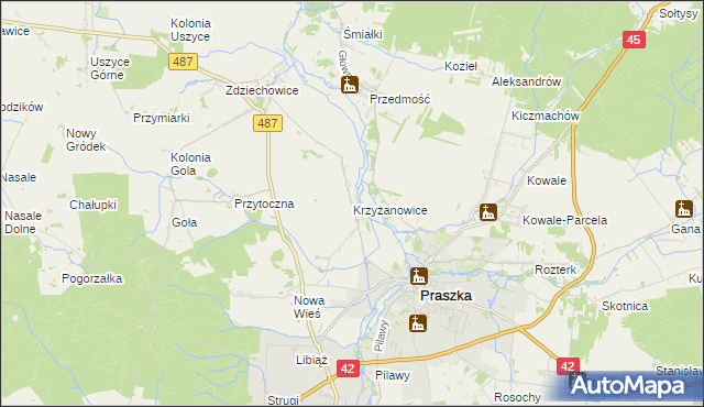 mapa Krzyżanowice gmina Gorzów Śląski, Krzyżanowice gmina Gorzów Śląski na mapie Targeo