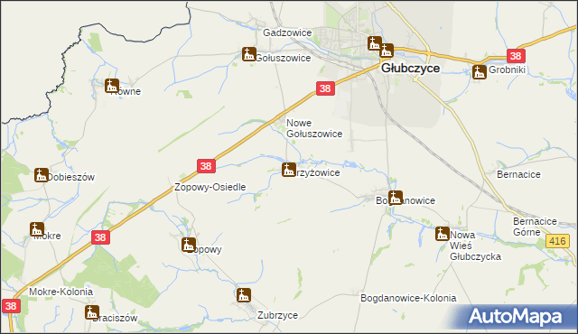 mapa Krzyżowice gmina Głubczyce, Krzyżowice gmina Głubczyce na mapie Targeo