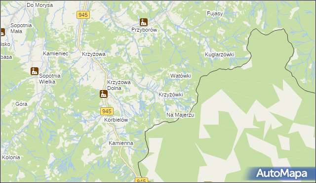 mapa Krzyżówki gmina Jeleśnia, Krzyżówki gmina Jeleśnia na mapie Targeo