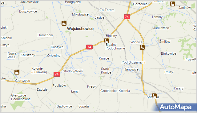 mapa Kunice gmina Wojciechowice, Kunice gmina Wojciechowice na mapie Targeo