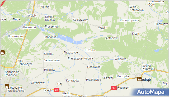 mapa Kuźnica gmina Kodrąb, Kuźnica gmina Kodrąb na mapie Targeo