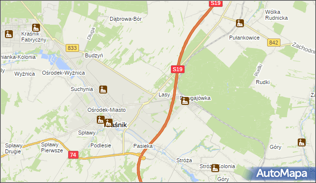 mapa Lasy gmina Kraśnik, Lasy gmina Kraśnik na mapie Targeo