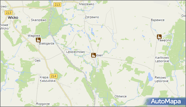 mapa Łebień gmina Nowa Wieś Lęborska, Łebień gmina Nowa Wieś Lęborska na mapie Targeo