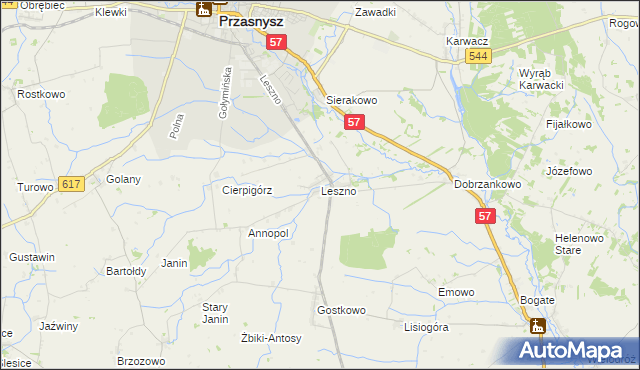 mapa Leszno gmina Przasnysz, Leszno gmina Przasnysz na mapie Targeo