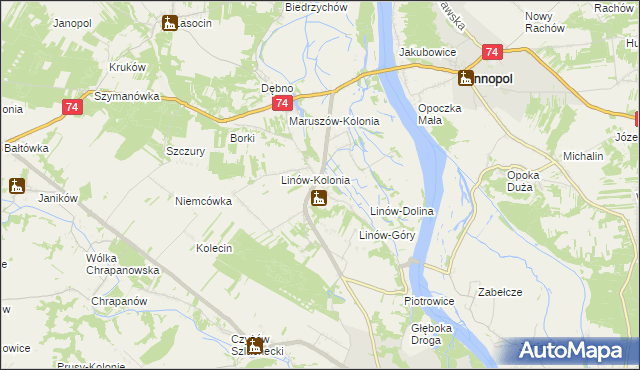 mapa Linów gmina Zawichost, Linów gmina Zawichost na mapie Targeo