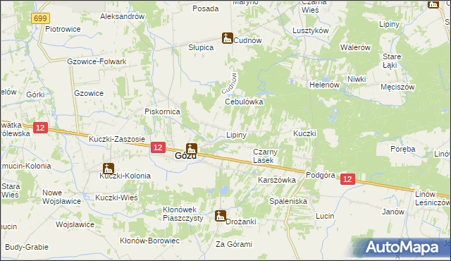 mapa Lipiny gmina Gózd, Lipiny gmina Gózd na mapie Targeo