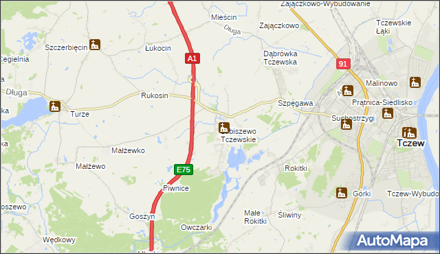 mapa Lubiszewo Tczewskie, Lubiszewo Tczewskie na mapie Targeo