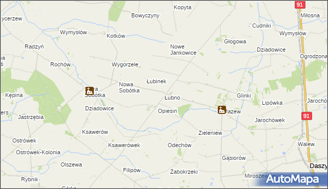 mapa Łubno gmina Daszyna, Łubno gmina Daszyna na mapie Targeo