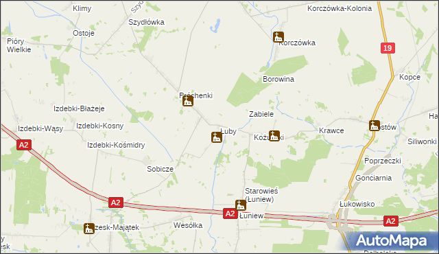 mapa Łuby gmina Międzyrzec Podlaski, Łuby gmina Międzyrzec Podlaski na mapie Targeo