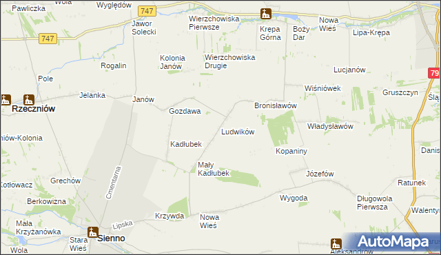 mapa Ludwików gmina Sienno, Ludwików gmina Sienno na mapie Targeo