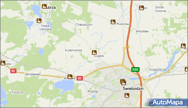 mapa Ługów gmina Świebodzin, Ługów gmina Świebodzin na mapie Targeo