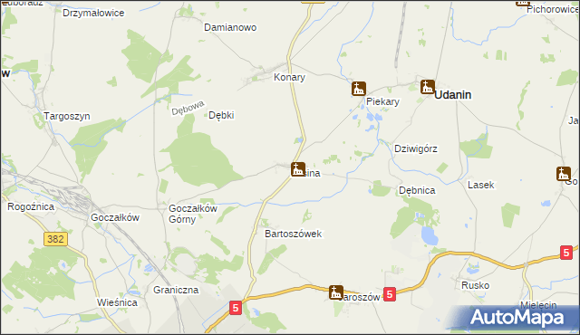 mapa Lusina gmina Udanin, Lusina gmina Udanin na mapie Targeo