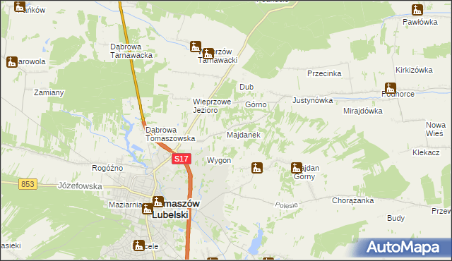 mapa Majdanek gmina Tomaszów Lubelski, Majdanek gmina Tomaszów Lubelski na mapie Targeo