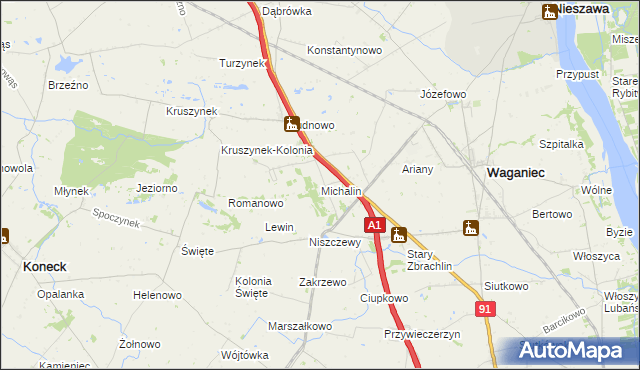 mapa Michalin gmina Waganiec, Michalin gmina Waganiec na mapie Targeo