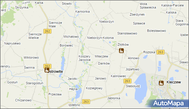 mapa Miłaczew gmina Kleczew, Miłaczew gmina Kleczew na mapie Targeo
