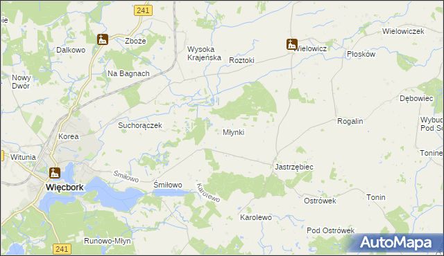mapa Młynki gmina Więcbork, Młynki gmina Więcbork na mapie Targeo