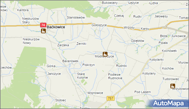 mapa Modliborzyce gmina Baćkowice, Modliborzyce gmina Baćkowice na mapie Targeo