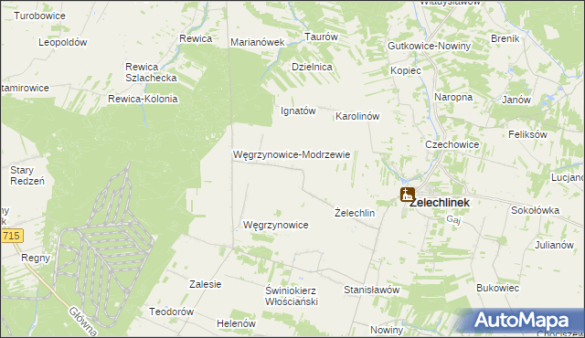 mapa Modrzewek gmina Żelechlinek, Modrzewek gmina Żelechlinek na mapie Targeo